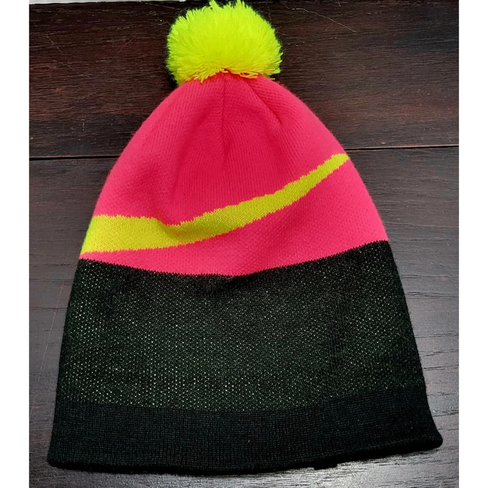 Nike Hat Beanie Youth Pink Yellow Striped Knit Pom Pom Cuffed Winter Cap